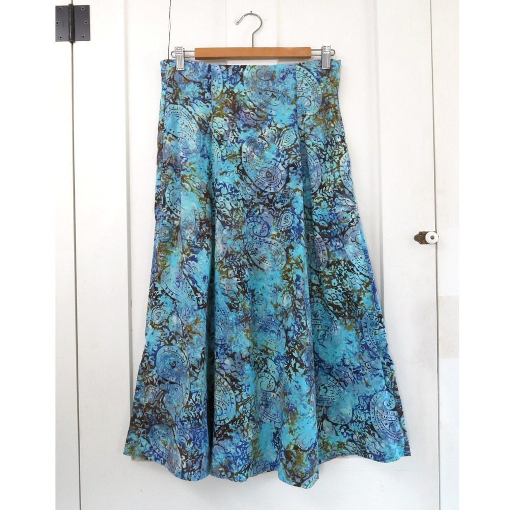 Very Vineyard Martha's Vineyard Blue Paisley Batik Rayon Midi Skirt Pockets M